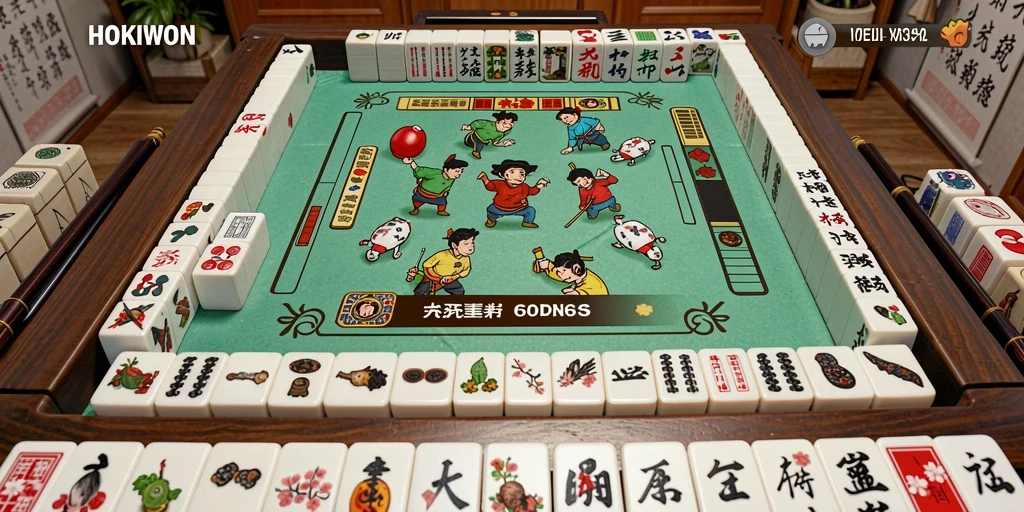 Tampilan gameplay seru di HOKIWON dengan pertarungan Mahjong antara pemain.