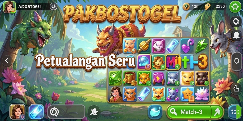 Screenshot PAKBOSTOGEL menunjukkan gameplay Match-3 yang seru dan penuh warna.