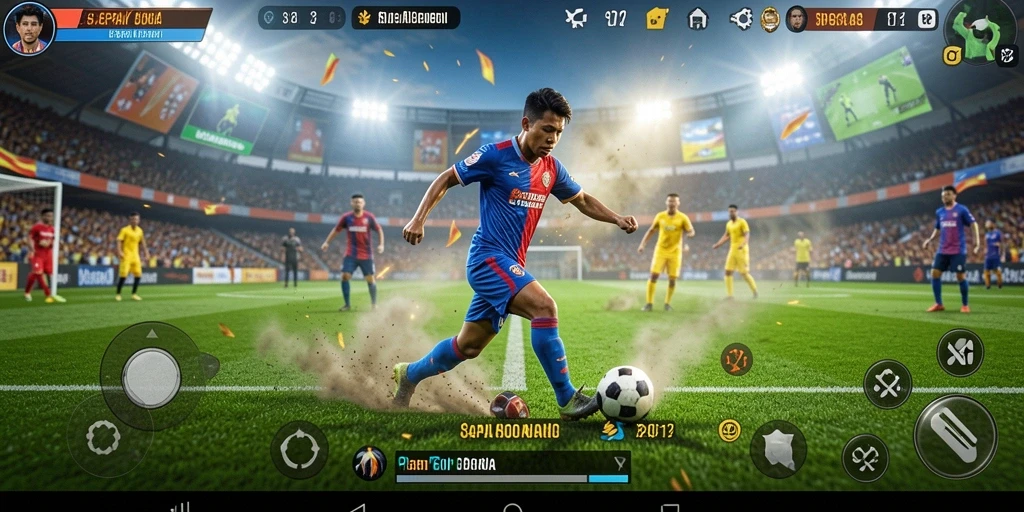 Tampilan gameplay menarik dalam SP212 dengan aksi sepak bola yang seru.