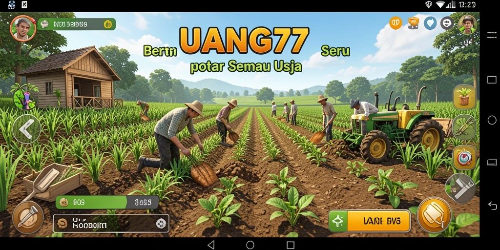 Tampilan gameplay UANG77 yang menampilkan suasana pertanian yang asri.